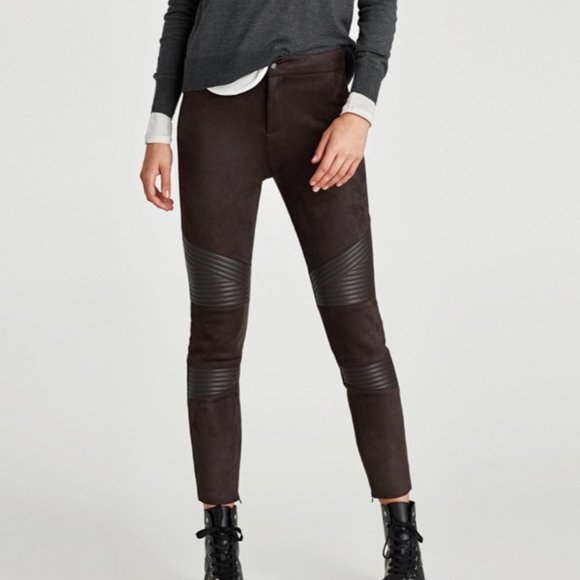 Zara Pants - Zara Brown Suede Faux Leather Biker Moto Legging